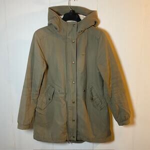 ADIDAS Green Canvas Fleece Lined Hooded Winter Coat Parka Women Small Drawstring